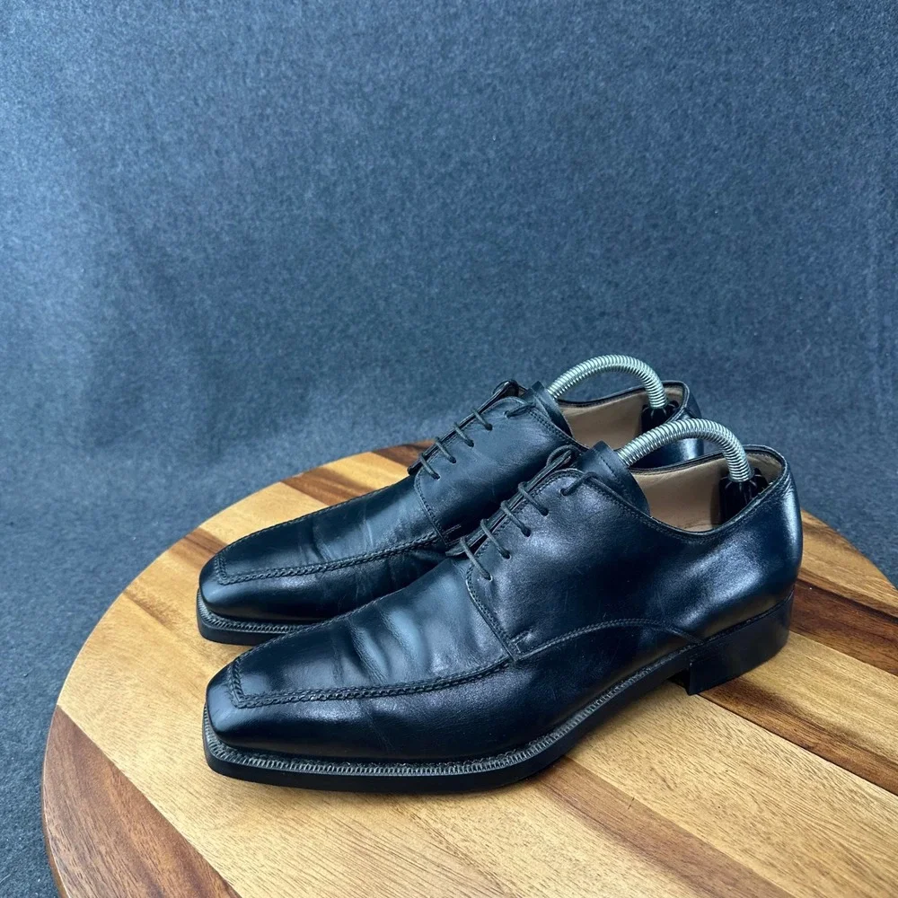 L.F. Lidfort Barneys New York Mens Black Leather Square‎ Toe Oxford Shoes Sz 8